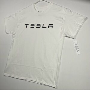 Tesla Logo White Tee, Adult T-Shirt, Model Y S & CyberTruck Badge, NEW WITH TAGS